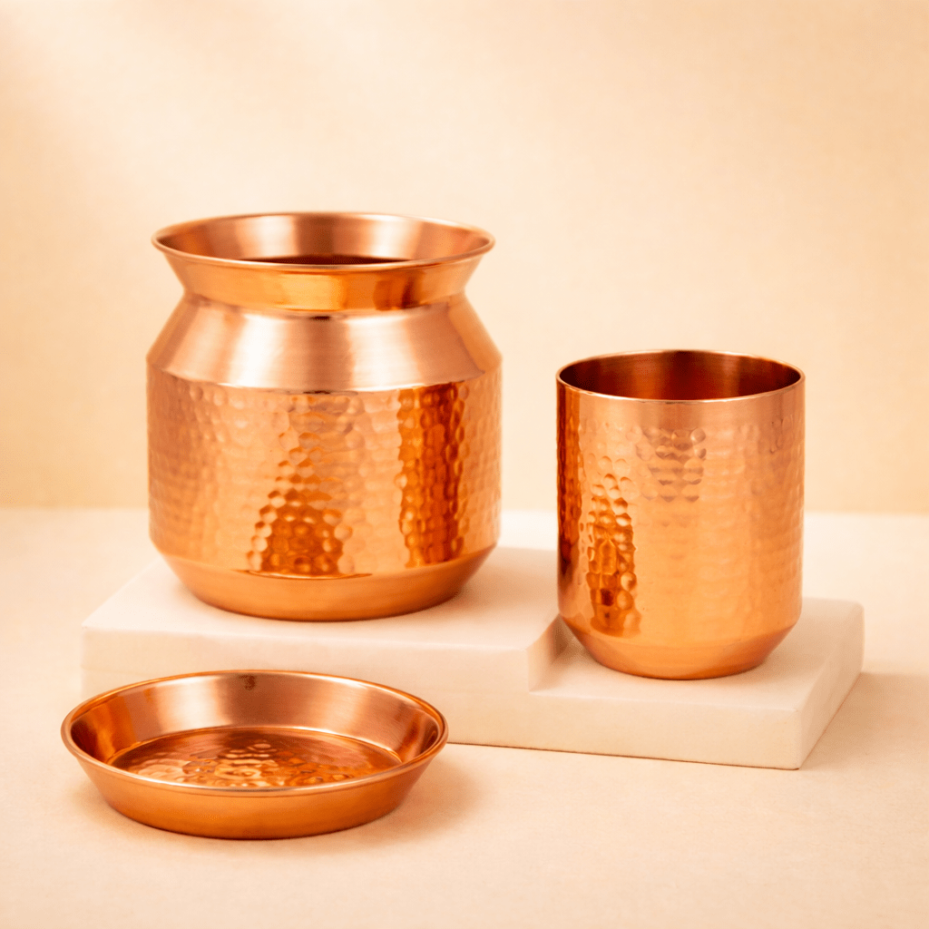 Copper Sombu (Pot) with Lid & Tumbler | Traditional Water Storage Set - Dhatu
