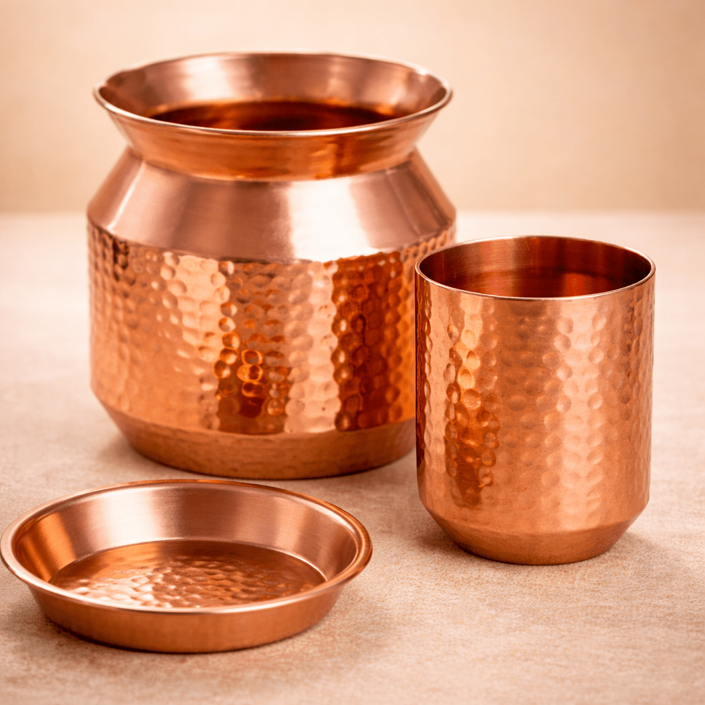 Copper Sombu (Pot) with Lid & Tumbler | Traditional Water Storage Set - Dhatu