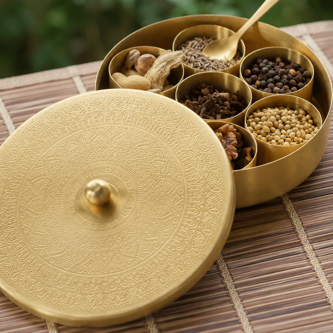 Pure Brass Masala Box | Traditional Indian Spice Container with 7 Compartments & Spoon | Handcrafted Spice Organizer for Kitchen - House of Dhatu
