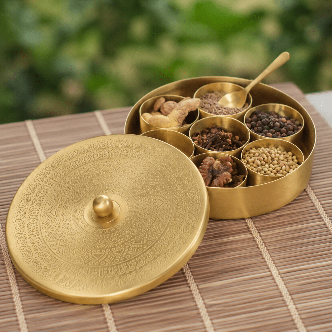 Pure Brass Masala Box | Traditional Indian Spice Container with 7 Compartments & Spoon | Handcrafted Spice Organizer for Kitchen - House of Dhatu
