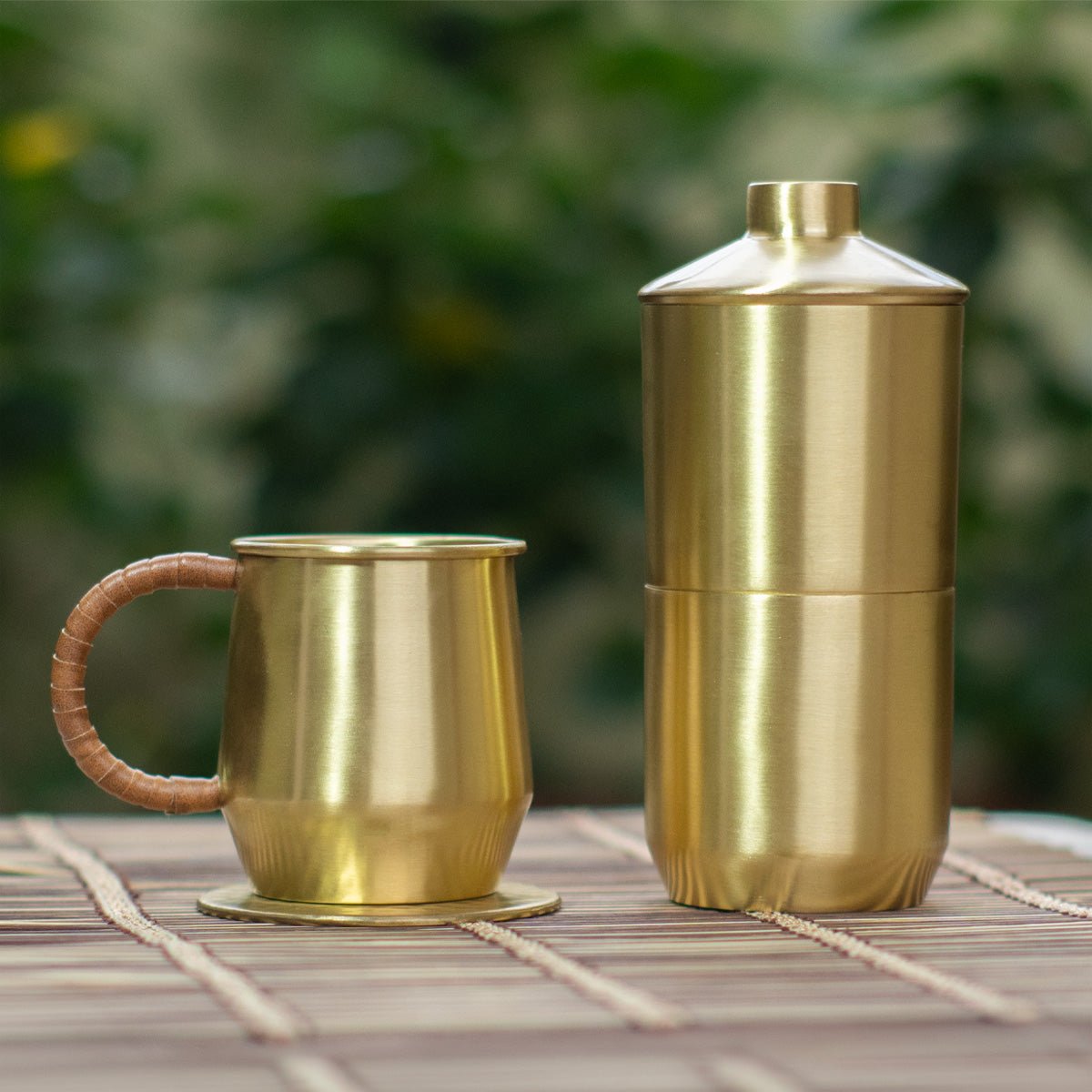 The Morning Table – Brass Coffee Maker, Mug & Hammered Coaster Set - House of Dhatu