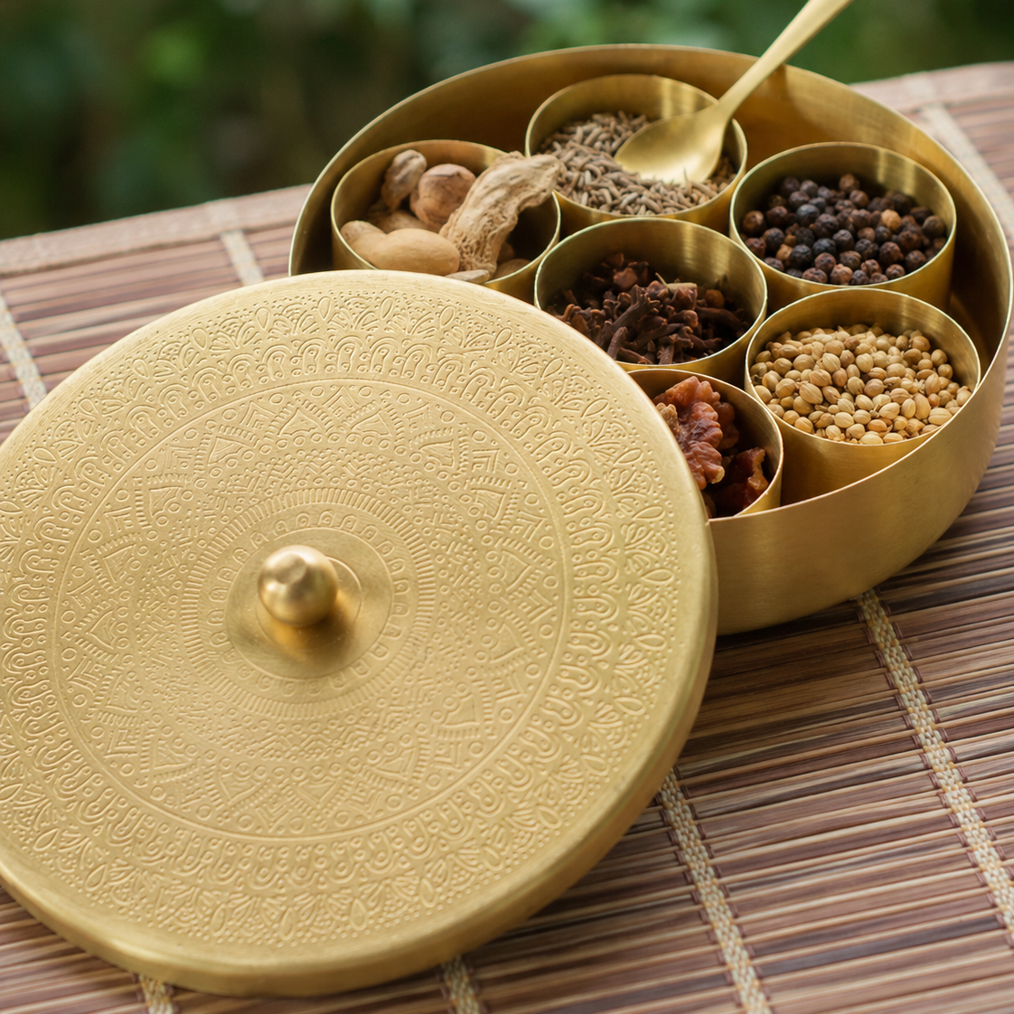 Pure Brass Masala Box | Traditional Indian Spice Container with 7 Compartments & Spoon | Handcrafted Spice Organizer for Kitchen