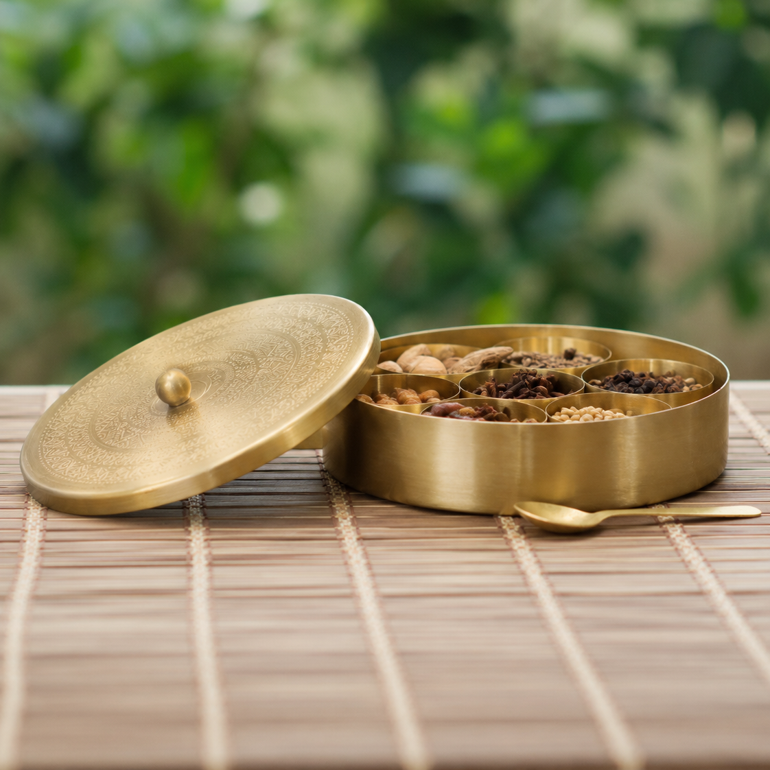 Pure Brass Masala Box | Traditional Indian Spice Container with 7 Compartments & Spoon | Handcrafted Spice Organizer for Kitchen