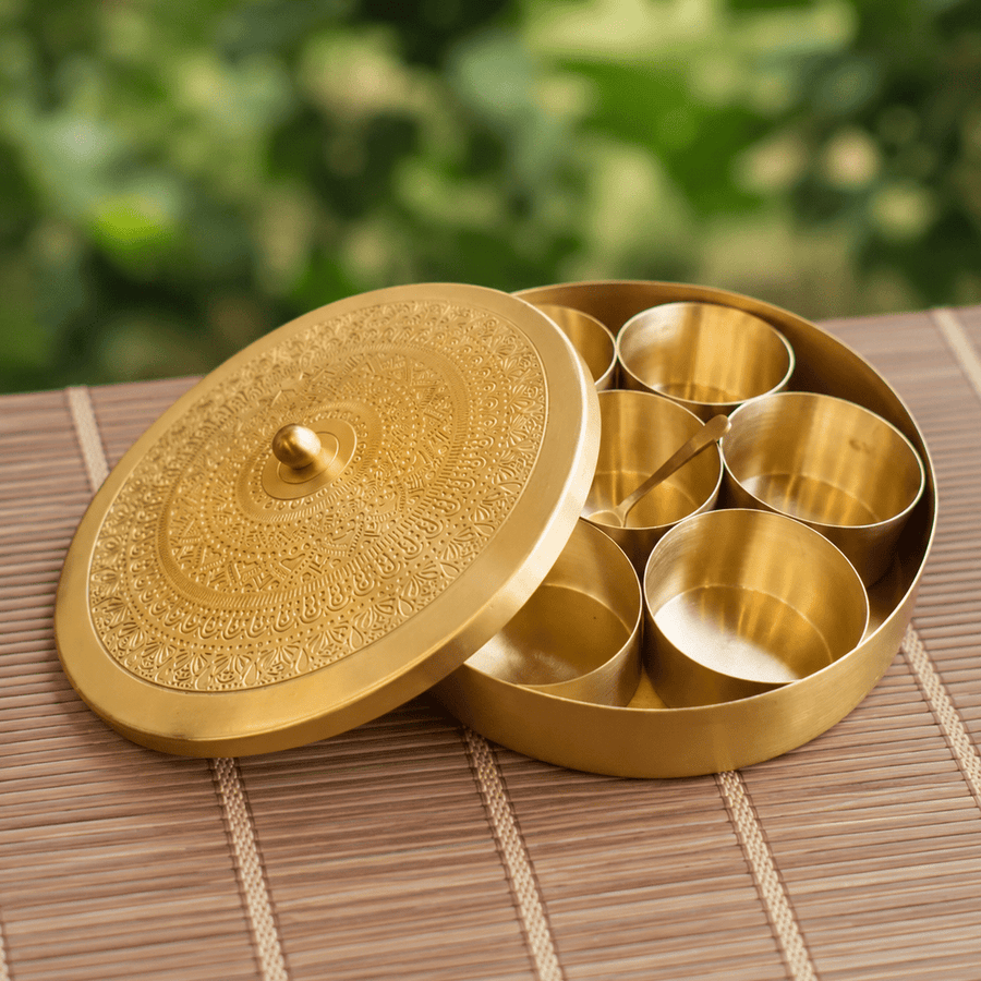Pure Brass Masala Box | Traditional Indian Spice Container with 7 Compartments & Spoon | Handcrafted Spice Organizer for Kitchen