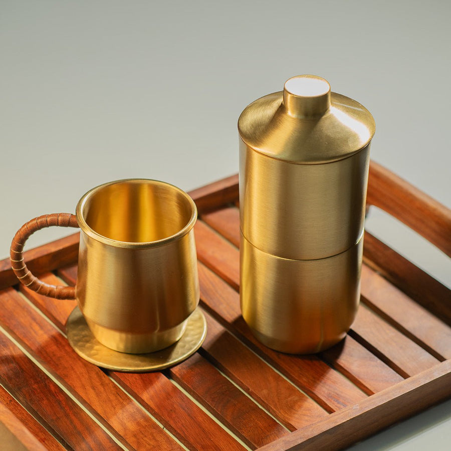 The Morning Table – Brass Coffee Maker, Mug & Hammered Coaster Set